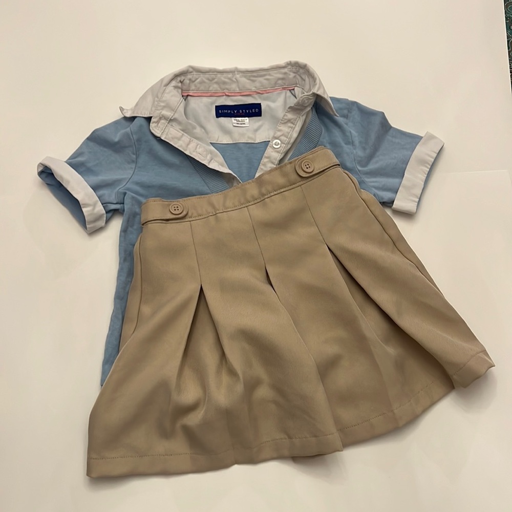 Girls school outfit; made by sears; size 6/6X; cream skirt; white and blue shirt